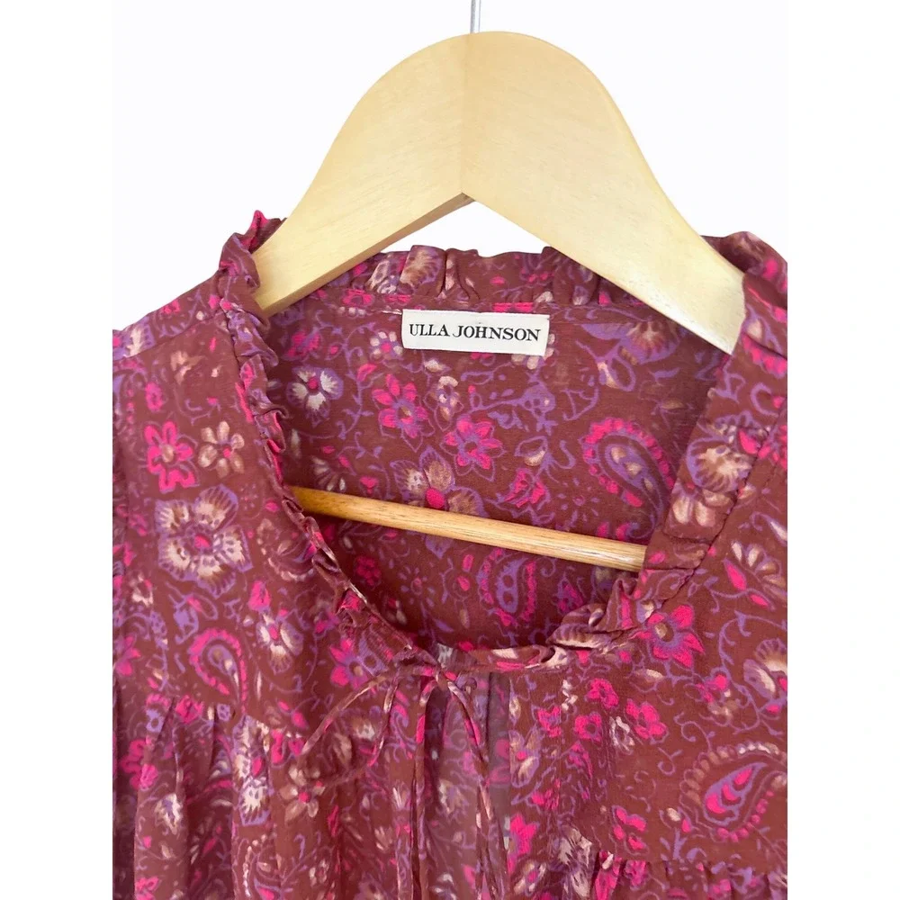 Ulla Johnson Renly Silk Paisley Floral Puff Sleeve Blouse Berry Purple Size 8